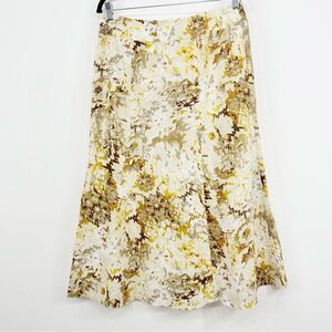 Kasper Cream Brown Yellow Abstract Reptile Linen Blend A Line Midi Skirt